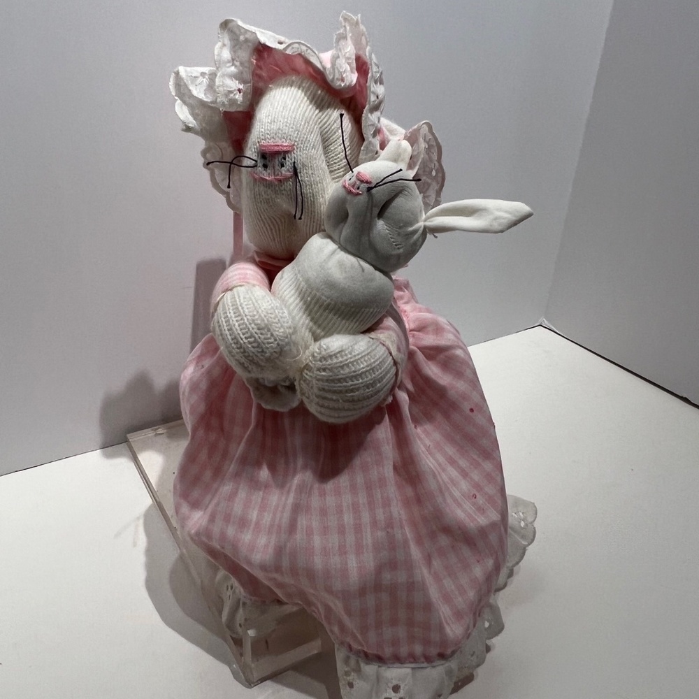 Vintage Handcrafted Socks and Pink Gingham Bunny Mommy and Baby Bunny - Picture 6 of 13